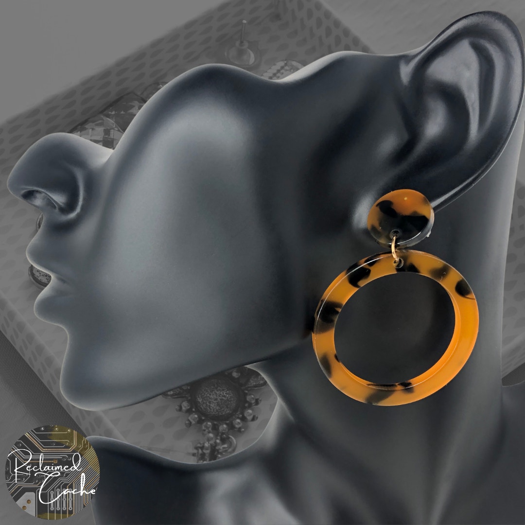 Yellow And Brown Tortoise Shell Round Hoop Drop Earrings